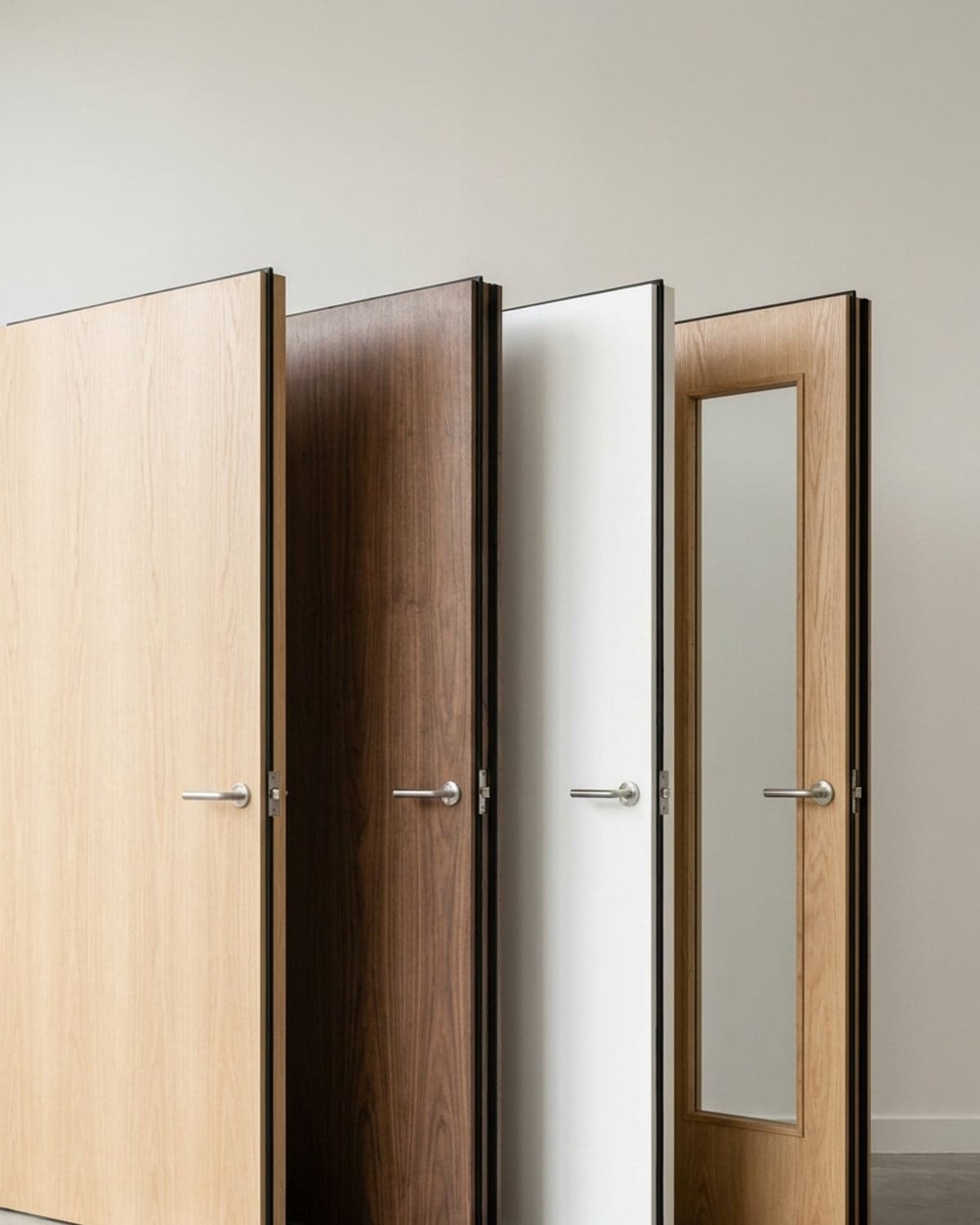 Four fire doors displayed side by side — oak flush, walnut, paint-grade white, and a glazed door with a vision panel
