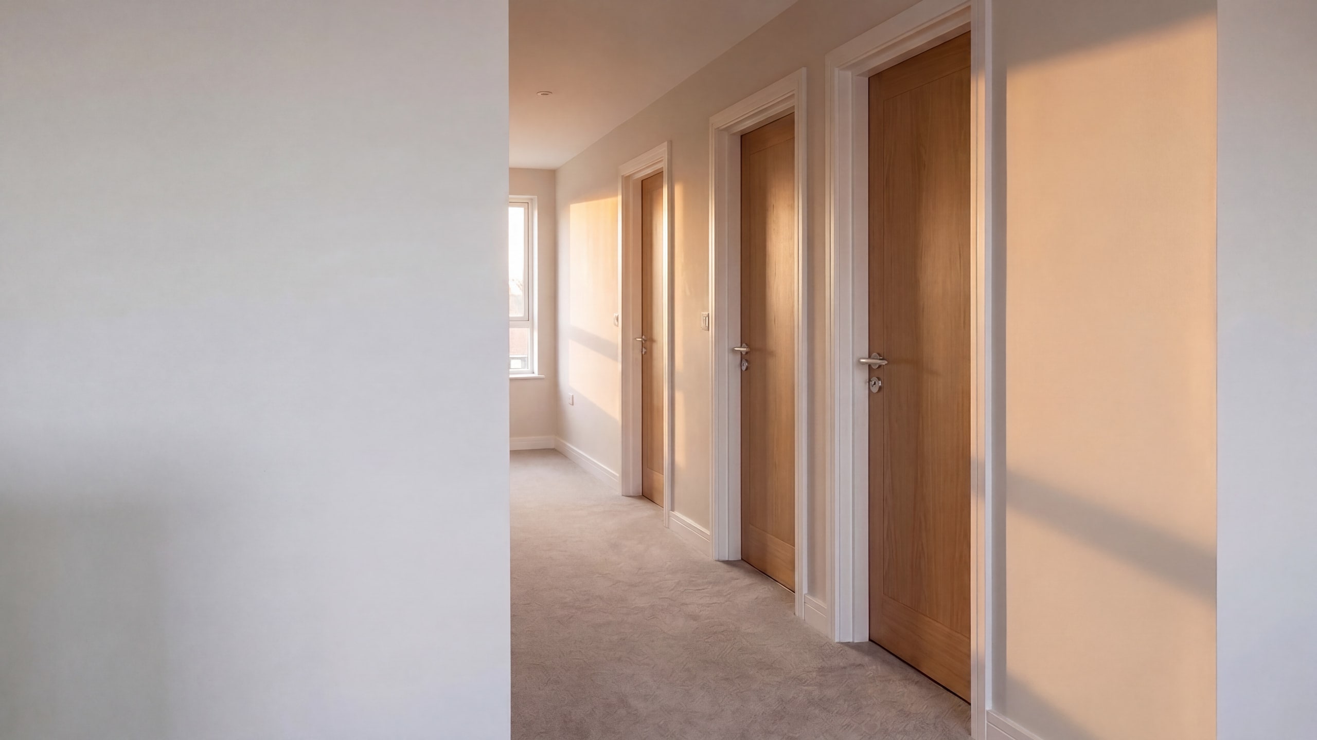 Oak veneer fire doors in painted frames along a residential apartment corridor